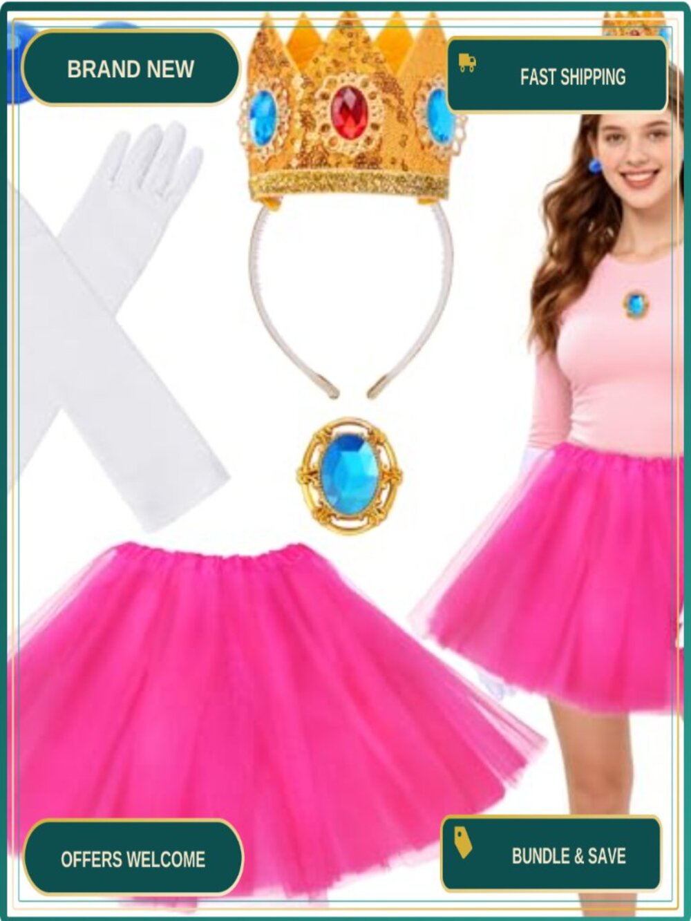 5 PC Princess Costume Set Sequin Crown Tutu Gloves Women Halloween Cosplay